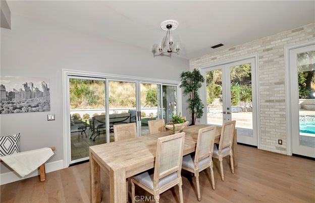 Dining room, Interior, Pendant Lights, Stone Walls, Wood Texture Flooring