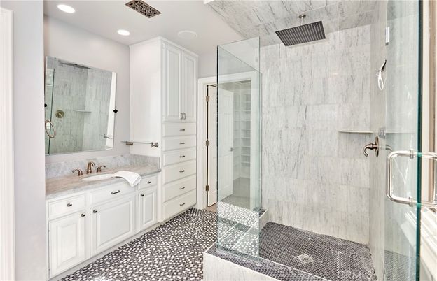 Bathroom, Glass Shower, Interior, Marble Walls, Recessed Lighting