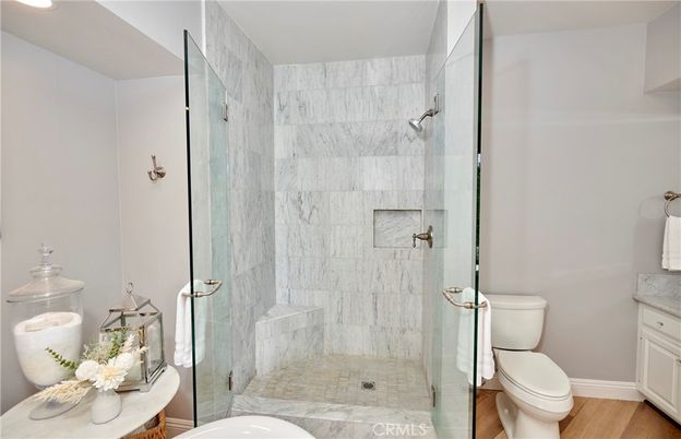 Bathroom, Glass Shower, Interior, Wood Texture Flooring