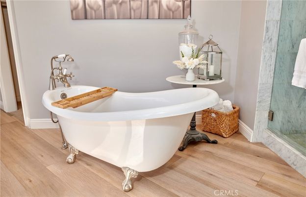 Bathroom, Free Standing Baths, Glass Shower, Interior, Wood Texture Flooring