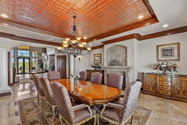 Chandelier, Dining room, Fireplace, Interior, Recessed Lighting