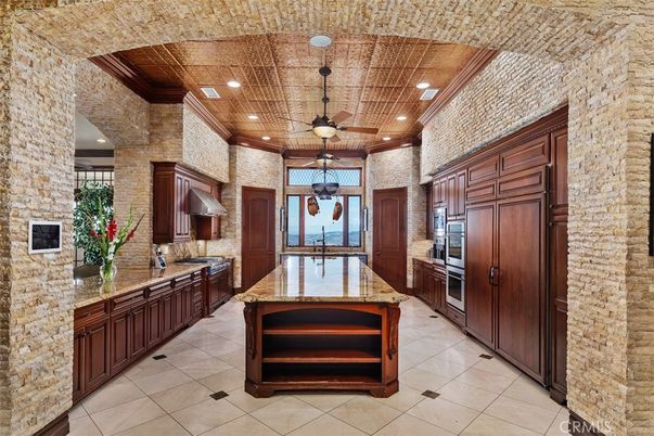 Interior, Kitchen, Recessed Lighting, Stainless Steel Appliances, Stone Walls, Wooden Ceilings
