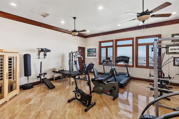 Fitness Equipment, Gym, Interior, Recessed Lighting, Wood Texture Flooring
