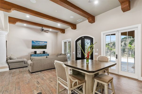 Dining room, Interior, Living room, Recessed Lighting, Wooden Beams, Wood Texture Flooring