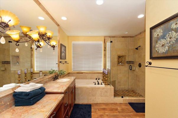 Bathroom, Dual Sink Vanities, Glass Shower, Interior, Recessed Lighting, Wood Texture Flooring