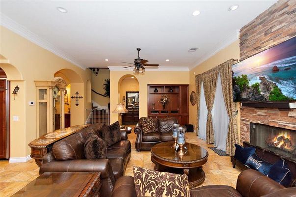 Fireplace, Interior, Living room, Recessed Lighting, Stone Walls