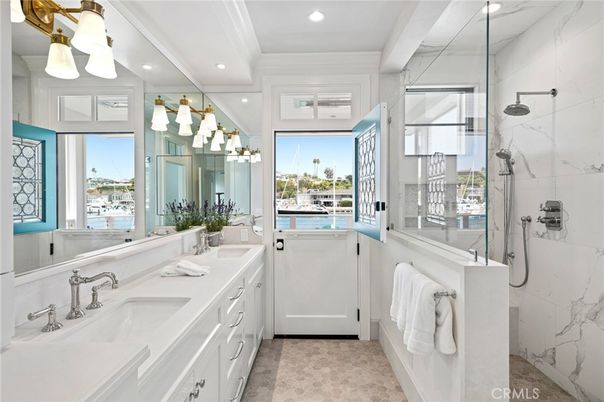Bathroom, Dual Sink Vanities, Glass Shower, Interior, Marble Walls, Recessed Lighting