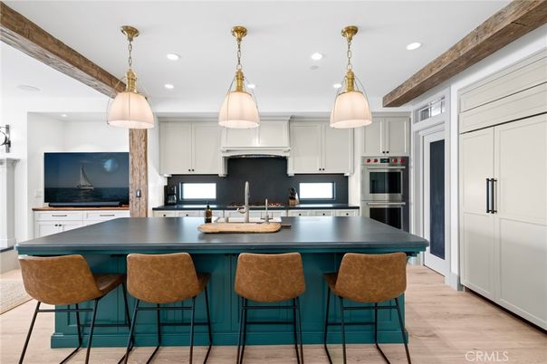 Interior, Kitchen, Pendant Lights, Recessed Lighting, Stainless Steel Appliances, Wooden Beams, Wood Texture Flooring