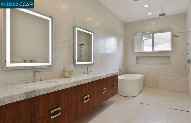 Bathroom, Dual Sink Vanities, Free Standing Baths, Interior, Marble, Marble Walls, Recessed Lighting