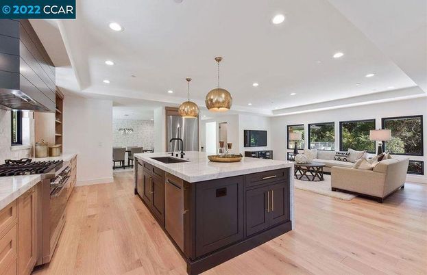 Dining room, Interior, Kitchen, Living room, Pendant Lights, Recessed Lighting, Stainless Steel Appliances, Wood Texture Flooring