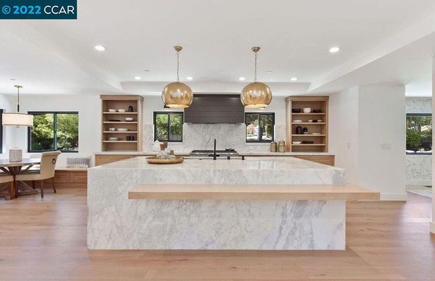 Dining room, Interior, Kitchen, Pendant Lights, Recessed Lighting, Wood Texture Flooring