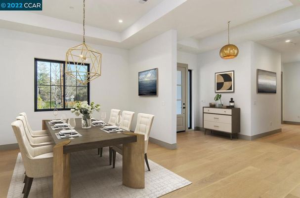 Dining room, Interior, Pendant Lights, Recessed Lighting, Wood Texture Flooring