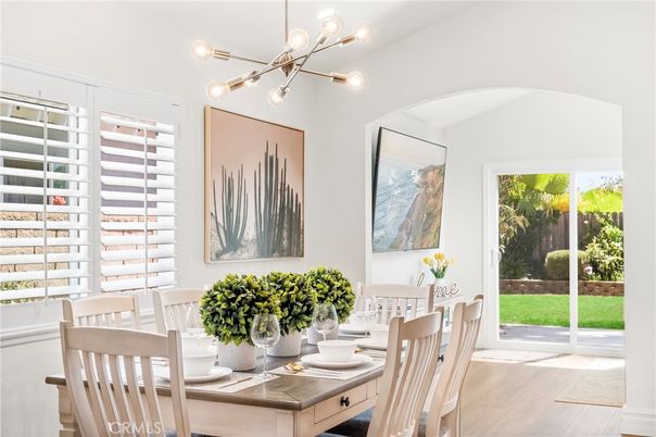 Dining room, Interior, Pendant Lights, Wood Texture Flooring