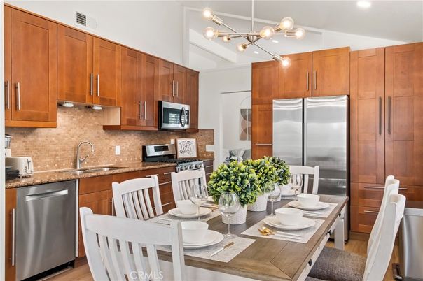 Dining room, Interior, Kitchen, Recessed Lighting, Stainless Steel Appliances, Wood Texture Flooring