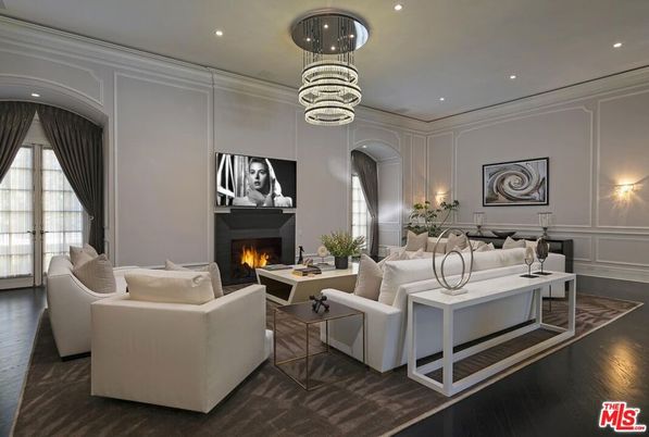 Chandelier, Fireplace, Interior, Living room, Recessed Lighting, Wood Texture Flooring