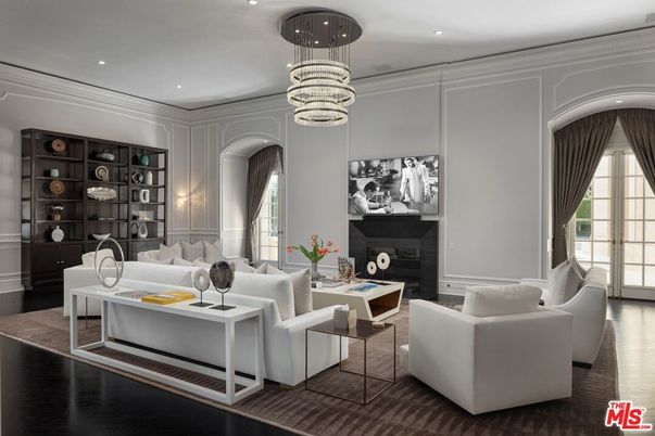 Chandelier, Fireplace, Interior, Living room, Recessed Lighting, Wood Texture Flooring