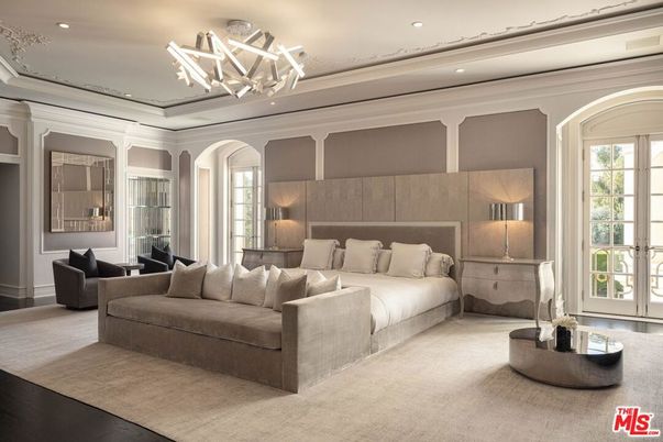 Bedroom, Chandelier, Interior, Recessed Lighting, Wood Texture Flooring