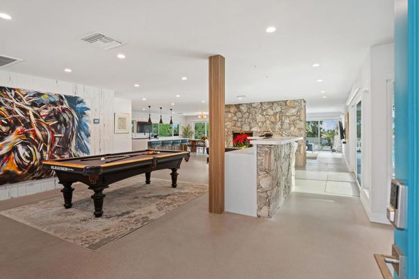 Billiard Table, Game Room, Interior, Pendant Lights, Recessed Lighting, Stone Walls