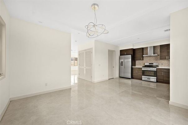 Chandelier, Empty room, Interior, Kitchen, Pendant Lights, Stainless Steel Appliances