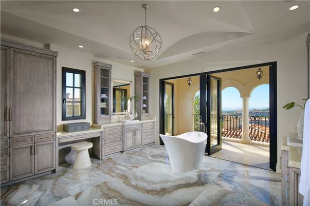 Bathroom, Chandelier, Dual Sink Vanities, Free Standing Baths, Interior, Marble, Pendant Lights, Recessed Lighting