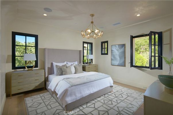Bedroom, Interior, Pendant Lights, Recessed Lighting, Wood Texture Flooring