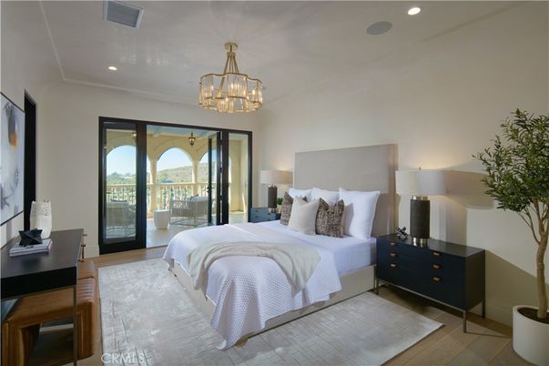 Bedroom, Chandelier, Interior, Recessed Lighting, Wood Texture Flooring