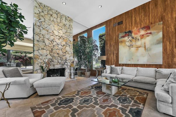 Fireplace, Interior, Living room, Recessed Lighting, Stone Walls, Wooden Walls