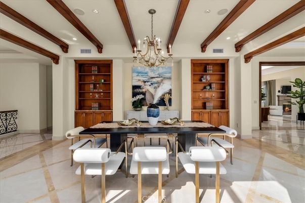 Chandelier, Dining room, Interior, Recessed Lighting, Wooden Beams