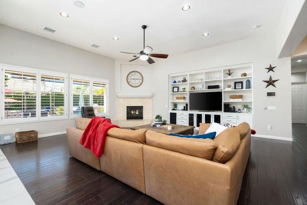 Fireplace, Interior, Living room, Recessed Lighting, Wood Texture Flooring