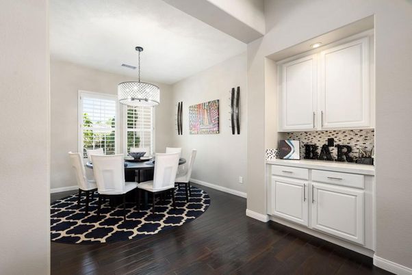 Dining room, Interior, Pendant Lights, Recessed Lighting, Wood Texture Flooring