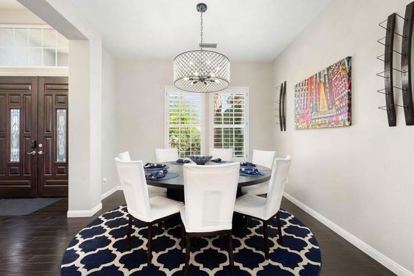 Dining room, Interior, Pendant Lights, Wood Texture Flooring