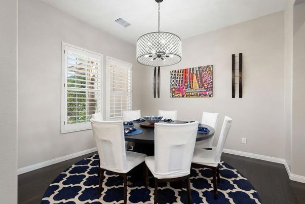 Dining room, Interior, Pendant Lights, Wood Texture Flooring