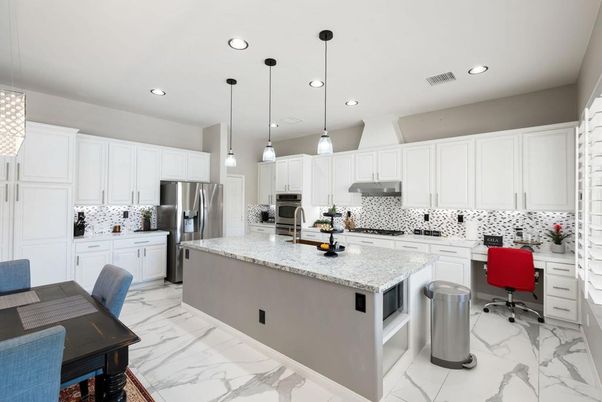 Interior, Kitchen, Marble, Pendant Lights, Recessed Lighting, Stainless Steel Appliances