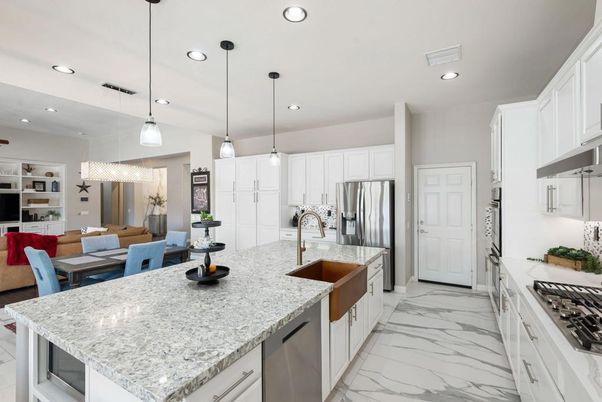 Dining room, Interior, Kitchen, Marble, Pendant Lights, Recessed Lighting, Stainless Steel Appliances