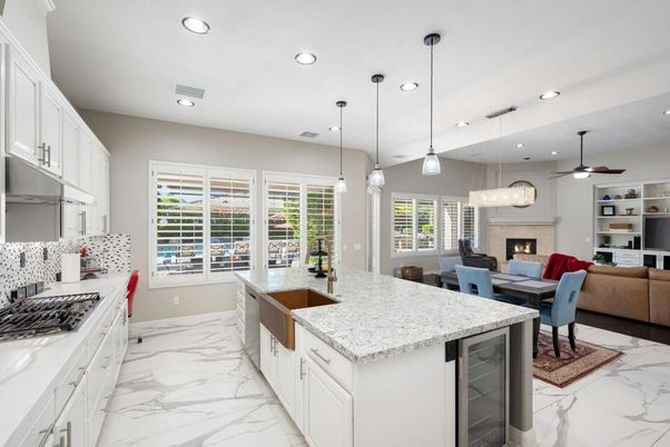 Dining room, Fireplace, Interior, Kitchen, Living room, Marble, Pendant Lights, Recessed Lighting