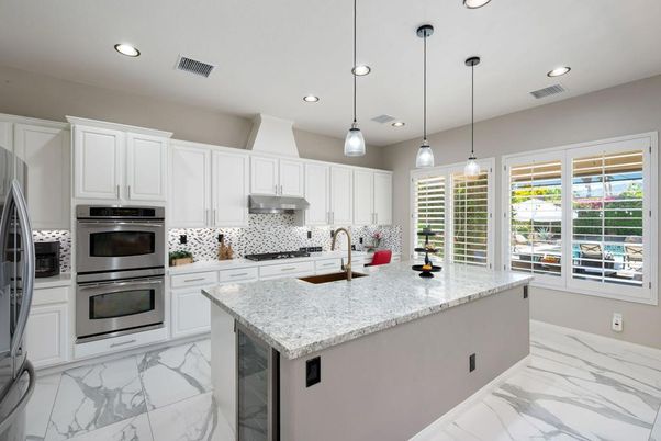 Interior, Kitchen, Marble, Pendant Lights, Recessed Lighting, Stainless Steel Appliances