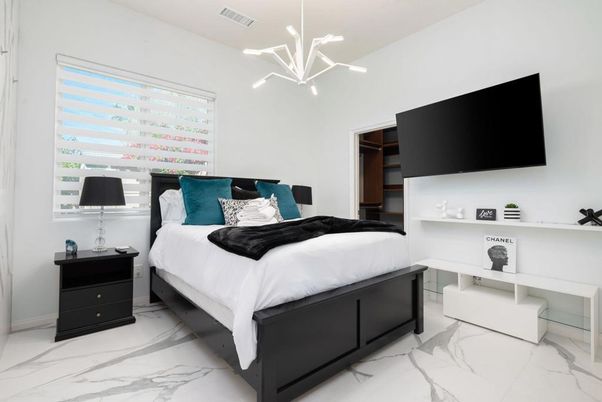 Bedroom, Interior, Marble, Pendant Lights