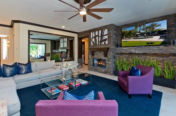 Fireplace, Interior, Living room, Recessed Lighting, Stone Walls