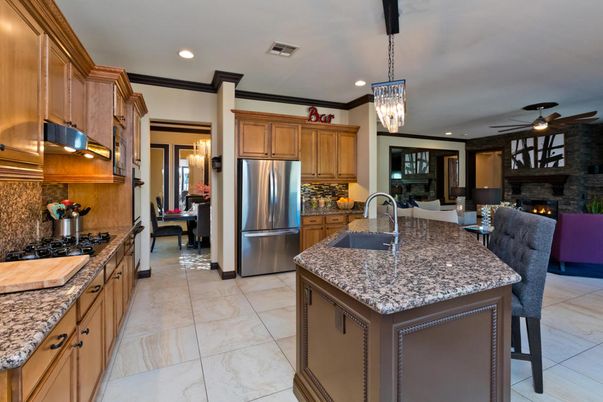 Fireplace, Interior, Kitchen, Living room, Pendant Lights, Recessed Lighting, Stainless Steel Appliances