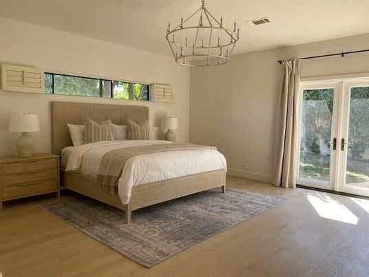 Bedroom, Chandelier, Interior, Wood Texture Flooring