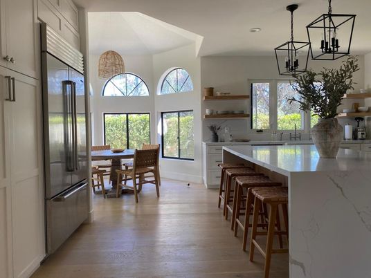 Dining room, Interior, Kitchen, Pendant Lights, Recessed Lighting, Stainless Steel Appliances, Wood Texture Flooring