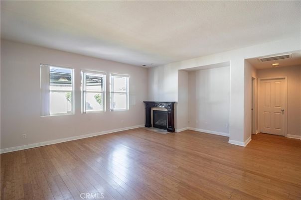 Empty room, Fireplace, Interior, Recessed Lighting, Wood Texture Flooring