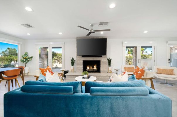 Dining room, Fireplace, Interior, Living room, Recessed Lighting