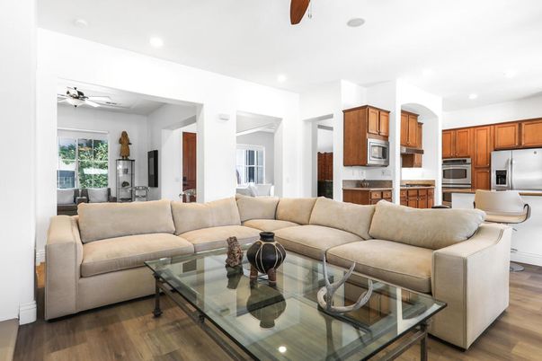 Interior, Kitchen, Living room, Recessed Lighting, Stainless Steel Appliances, Wood Texture Flooring