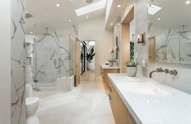 Bathroom, Dual Sink Vanities, Glass Shower, Interior, Marble Walls, Recessed Lighting