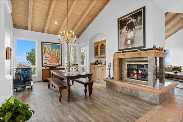 Chandelier, Dining room, Fireplace, Interior, Recessed Lighting, Wooden Beams, Wooden Ceilings, Wood Texture Flooring