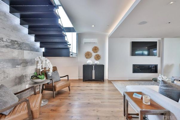Fireplace, Interior, Living room, Recessed Lighting, Wood Texture Flooring