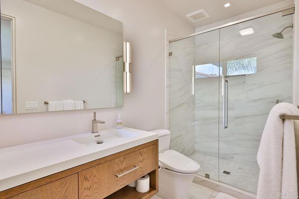 Bathroom, Glass Shower, Interior, Marble Walls, Recessed Lighting