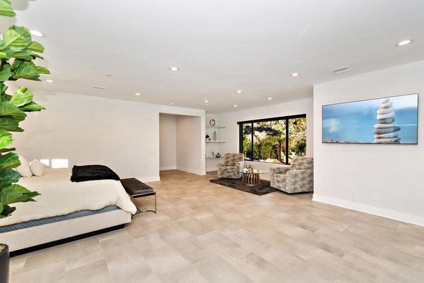 Bedroom, Interior, Recessed Lighting, Wood Texture Flooring