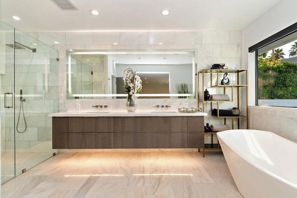 Bathroom, Dual Sink Vanities, Free Standing Baths, Glass Shower, Interior, Marble, Marble Walls, Recessed Lighting, Wood Texture Flooring